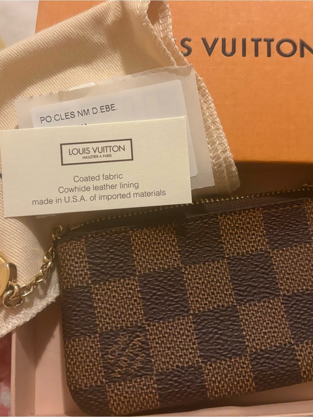 Louis Vuitton Damier Ebene Mini Pouch in Brown with Gold Chain